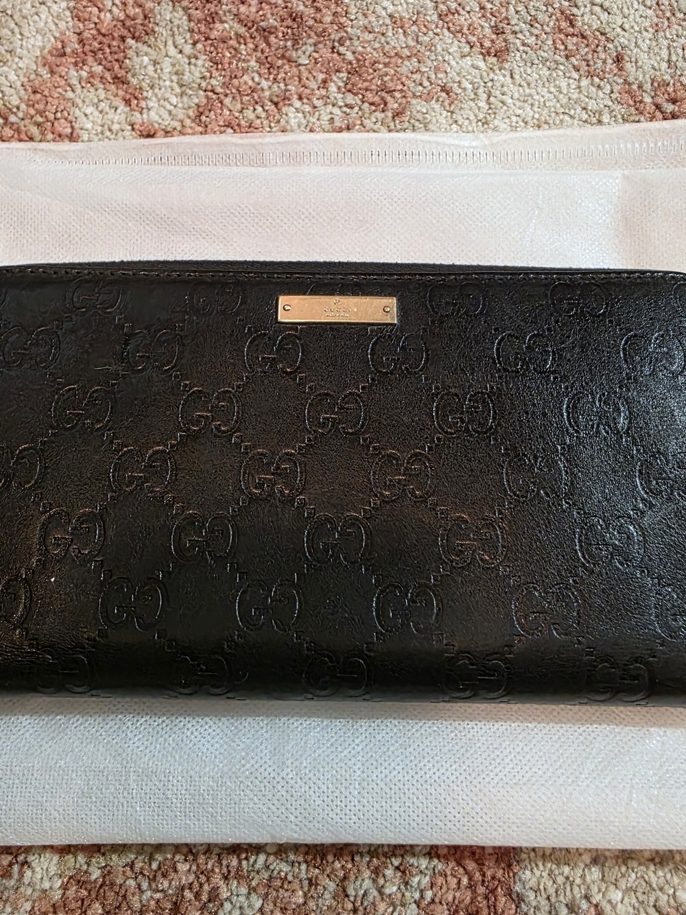 Gucci Black Embossed GG Continental Wallet with Gold Plaque